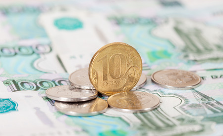 Russian rubles coins and banknotes close upの写真素材
