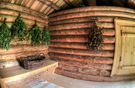 Birch brooms for a steam room in traditional russian wooden bathのeditorial素材