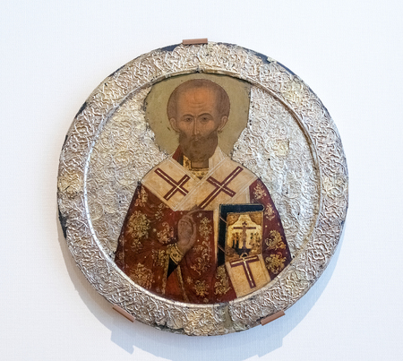 VELIKY  NOVGOROD, RUSSIA - JULY 24, 2014: Antique Russian orthodox icon of Saint Nicolas painted on wooden boardのeditorial素材