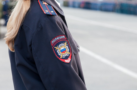 SAMARA, RUSSIA - MAY 4, 2015: Chevron on the sleeve uniforms of the russian policemanのeditorial素材