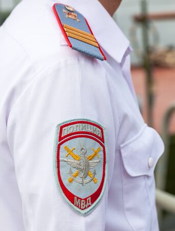SAMARA, RUSSIA - MAY 1, 2015: Chevron on the sleeve uniforms of the russian policemanのeditorial素材