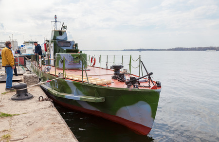 SAMARA, RUSSIA - MAY 1, 2015: Refurbished armored boat BKA-73 times of the Great Patriotic War stands at the pier on the Volga Riverのeditorial素材