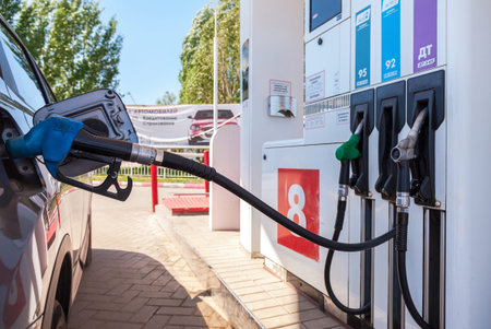 SAMARA, RUSSIA - MAY 23, 2015: Passenger car fueled with petrol at a petrol station