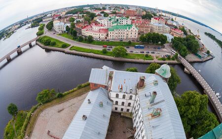 Fisheye view on the Old City from the observation deck of the Vyborg Castle in Vyborg, Russiaのeditorial素材