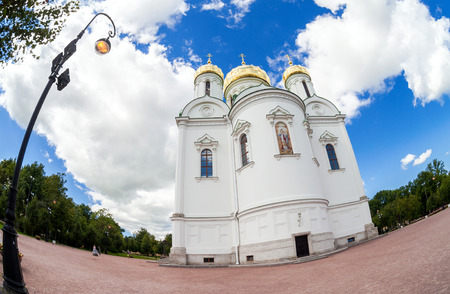 ST.PETERSBURG, RUSSIA - AUGUST 4, 2015: Fisheye view on Catherine's Cathedral in Pushkin town in summer sunny dayのeditorial素材