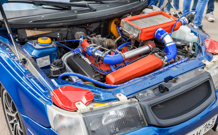 SAMARA, RUSSIA - SEPTEMBER 5, 2015: Tuned turbo car engine of Lada closeupのeditorial素材