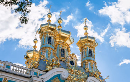 ST.PETERSBURG, RUSSIA - AUGUST 4, 2015: Golden domes of the Church in the Catherine Palace. Tsarskoye Selo, Russiaのeditorial素材