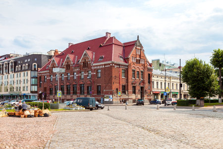 VYBORG, LENINGRAD REGION, RUSSIA - AUGUST 6, 2015: Building of Suomen Pankki on the market square....