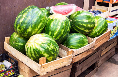 NOVGOROD, RUSSIA - AUGUST 1, 2015: Fresh watermelons for sale at the local farmers marketのeditorial素材