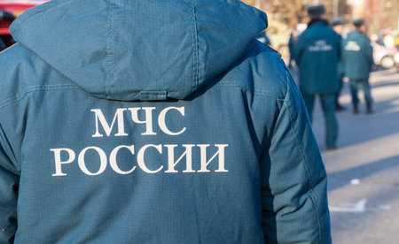 SAMARA, RUSSIA - NOVEMBER 7, 2015: Russian emercom officer in uniform standing in the cordon. Text on russian: "MOE RUSSIA"のeditorial素材