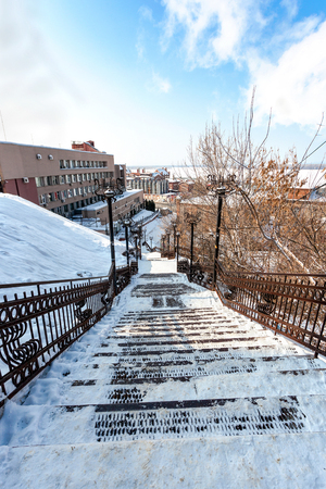 SAMARA, RUSSIA - MARCH 14, 2013: The metal staircase leading to the Zhiguli brewery in wintertimeのeditorial素材
