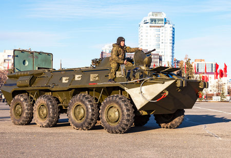 SAMARA, RUSSIA - NOVEMBER 7, 2015: Army armored personnel carriers on the central square in sunny dayのeditorial素材