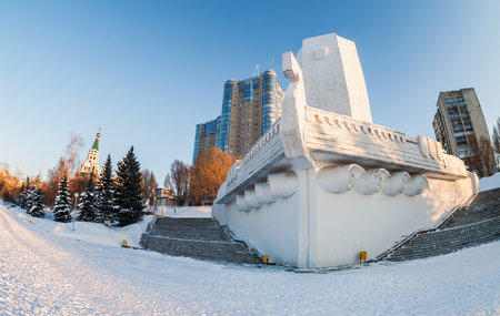 SAMARA, RUSSIA - JANUARY 10, 2016: Monument Boat at the city embankment. Winter urban landscape in sunny dayのeditorial素材