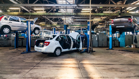 SAMARA, RUSSIA - JANUARY 14, 2016: Inside in the auto repair service station of the official dealer Lada. Lada is a Russian automobile manufacturer