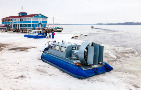 SAMARA, RUSSIA - MARCH 6, 2016: Hovercraft transporter at the Volga embankment in winter day