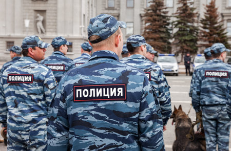SAMARA, RUSSIA - APRIL 20, 2016: Russian police unit in uniform with police dogs on the Kuibyshev...