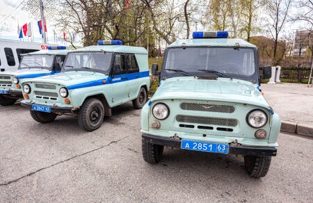 SAMARA, RUSSIA - APRIL 20, 2016: Russian police patrol vehicles parked on the city street  in spring dayのeditorial素材