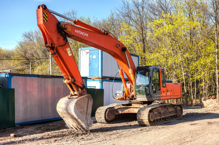 SAMARA, RUSSIA - APRIL 26, 2016: Hyundai excavator at construction site in summer sunny day