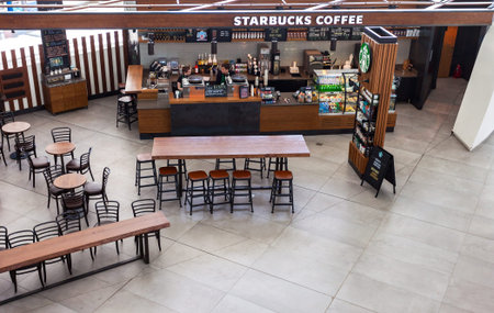 SAMARA, RUSSIA - MAY 22, 2016: Starbucks cafe in Samara Kurumoch airport. Starbucks Corporation is...