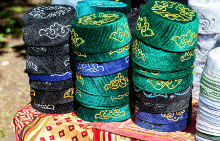 SAMARA, RUSSIA - MAY 28, 2016: Traditional tatar national embroidered skullcaps ready for sale during the Sabantuy holidayのeditorial素材