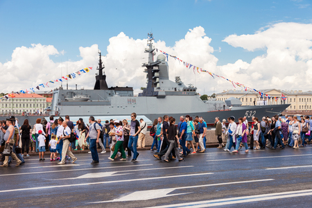ST. PETERSBURG, RUSSIA - JULY 31, 2016: Warship on the Neva river for Navy day celebration on July 31, 2016 in St. Petersburg, Russiaのeditorial素材