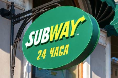 ST. PETERSBURG, RUSSIA - JULY 31, 2016: Subway fast food restaurant sign. Subway is an American fast food restaurant franchise that primarily sells sandwiches and saladsのeditorial素材