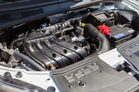 SAMARA, RUSSIA - JUNE 12, 2016: Car engine of LADA XRAY. Under hood space. Lada is a Russian...