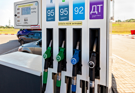 ST.PETERSBURG, RUSSIA - JULY 31, 2016: Filling the column with different fuels at the gas station Lukoil. Lukoil is one of the russian oil companiesのeditorial素材