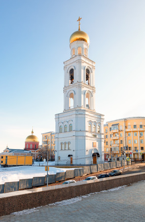 SAMARA, RUSSIA - MARCH 2, 2017: Bell tower of the Iversky monastery against the blue sky. Russian orthodox churchのeditorial素材