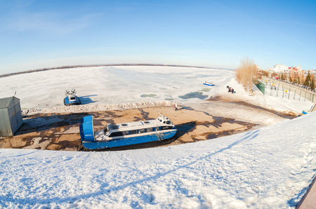 SAMARA, RUSSIA - MARCH 11, 2017: Hovercraft transporters on the Volga embankment in Samara, Russiaのeditorial素材