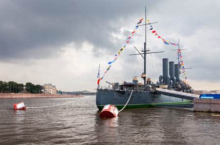 ST. PETERSBURG, RUSSIA - JULY 29, 2016: The legendary revolutionary cruiser Aurora at the place of...