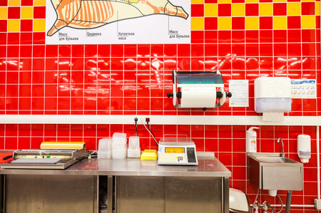Samara, Russia - September 7, 2016: Electronic scales and other equipment in the supermarket Lenta. One of largest retailer in Russiaのeditorial素材