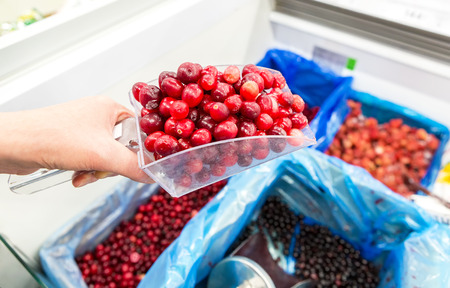 Sale of fresh frozen berries in a supermarketの写真素材