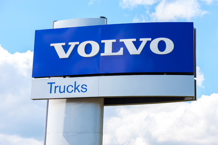 Samara, Russia - May 22, 2016: Volvo dealership sign against the blue sky. Volvo is a Swedish multinational automaker companyのeditorial素材