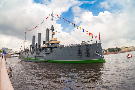 ST. PETERSBURG, RUSSIA - JULY 29, 2016: The legendary revolutionary cruiser Aurora at the place of eternal parking on the Petrograd embankmentのeditorial素材