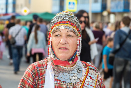 Samara, Russia - September 17, 2017: Unidentified woman in the Chuvash national headdress during the folklor festivalのeditorial素材