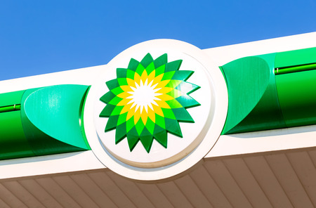 Moscow, Russia - August 17, 2017: BP - British Petroleum petrol station logo over blue sky. British Petroleum is a British multinational oil and gas companyのeditorial素材