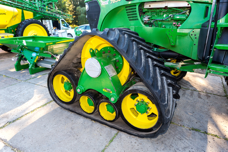Samara, Russia  - September 23, 2017: Rubber track of John Deere 7830 agricultural tractor on display at the annual Volga agro-industrial exhibitionのeditorial素材