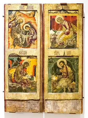 Veliky Novgorod, Russia - August 17, 2017: Antique Russian orthodox icon. The Royal Gate with the Evangelists, 17th centuryのeditorial素材