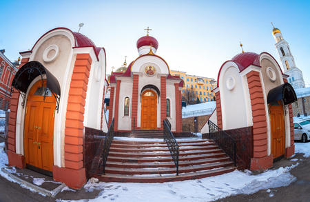 Russian orthodox church. Fisheye view of the Iversky monastery in Samara, Russiaの写真素材
