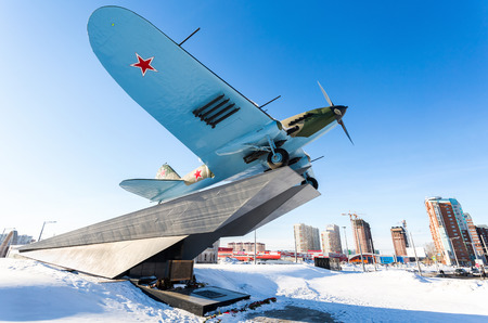 Samara, Russia - January 28, 2018: Monument to low-flying attack airplane "Ilyushin 2" of the Second World War in wintertimeのeditorial素材