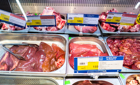 Samara, Russia - January 27, 2018: Showcase with different fresh raw meat in hypermarketのeditorial素材