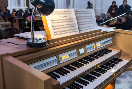 Samara, Russia - February 25, 2018: Electronic organ at the Roman Catholic parish of the sacred Heart of Jesusのeditorial素材