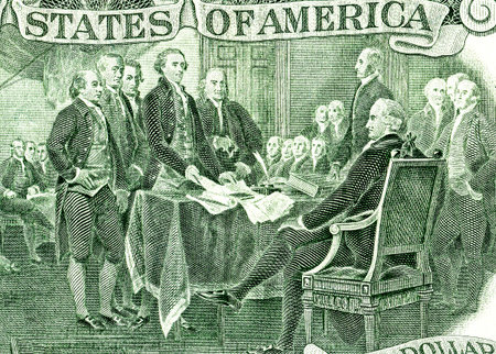 Signing declaration of independence from the two dollar banknote, detail