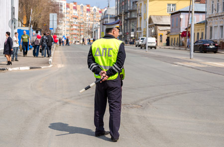 Samara, Russia - May 1, 2018: Russian police officer of the State Automobile Inspectorate regulate...