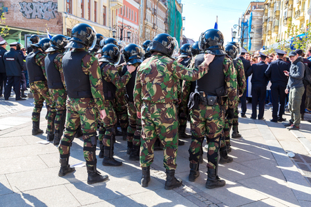 Samara, Russia - May 5, 2018: Special Forces soldiers of the police during an opposition protest rally ahead of President Vladimir Putin's inauguration ceremonyのeditorial素材