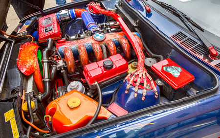 Samara, Russia - May 19, 2018: Tuned turbo car engine of BMW, under the hood of a vehicleのeditorial素材