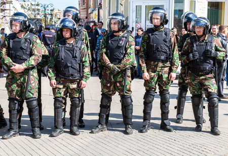 Samara, Russia - May 5, 2018: Soldiers of police special forces in riot gear during an opposition...