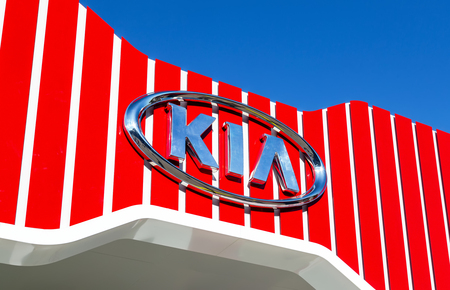 Samara, Russia - June 17, 2018: KIA Motors dealership logo. Kia Motors is South Korea's automobile manufacturerのeditorial素材