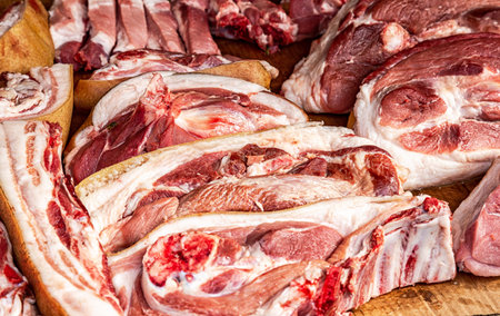Raw chopped fresh meat ready for sale in local farmers market